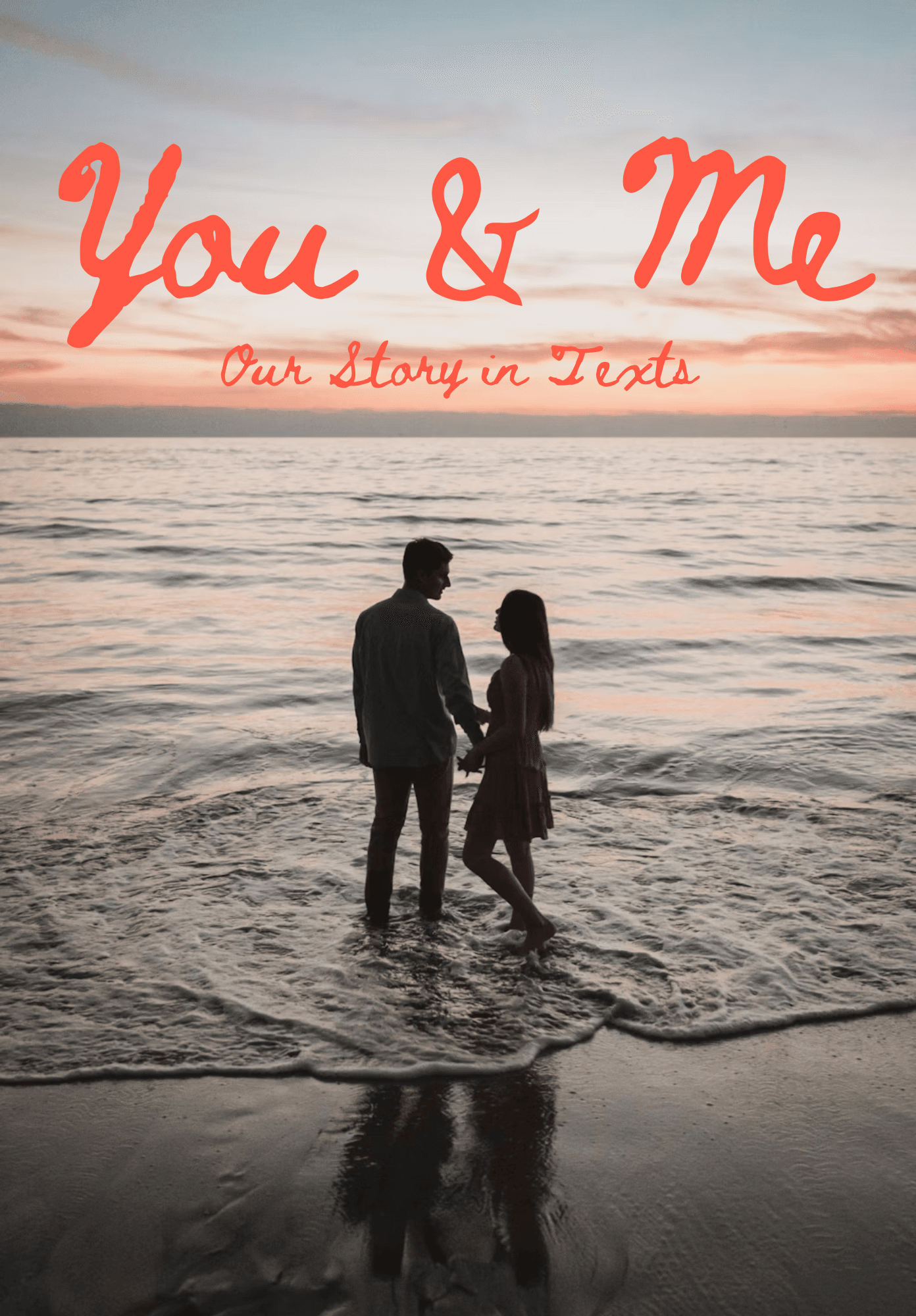 Romantic text message book cover with a couple at the beach